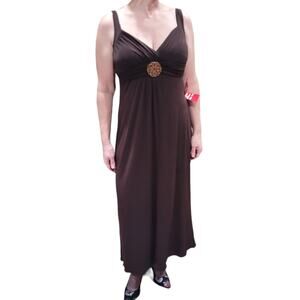 NWT En Focus Brown Rhinestone Empire Waist Maxi Dress 6 Formal Elegant Stretch